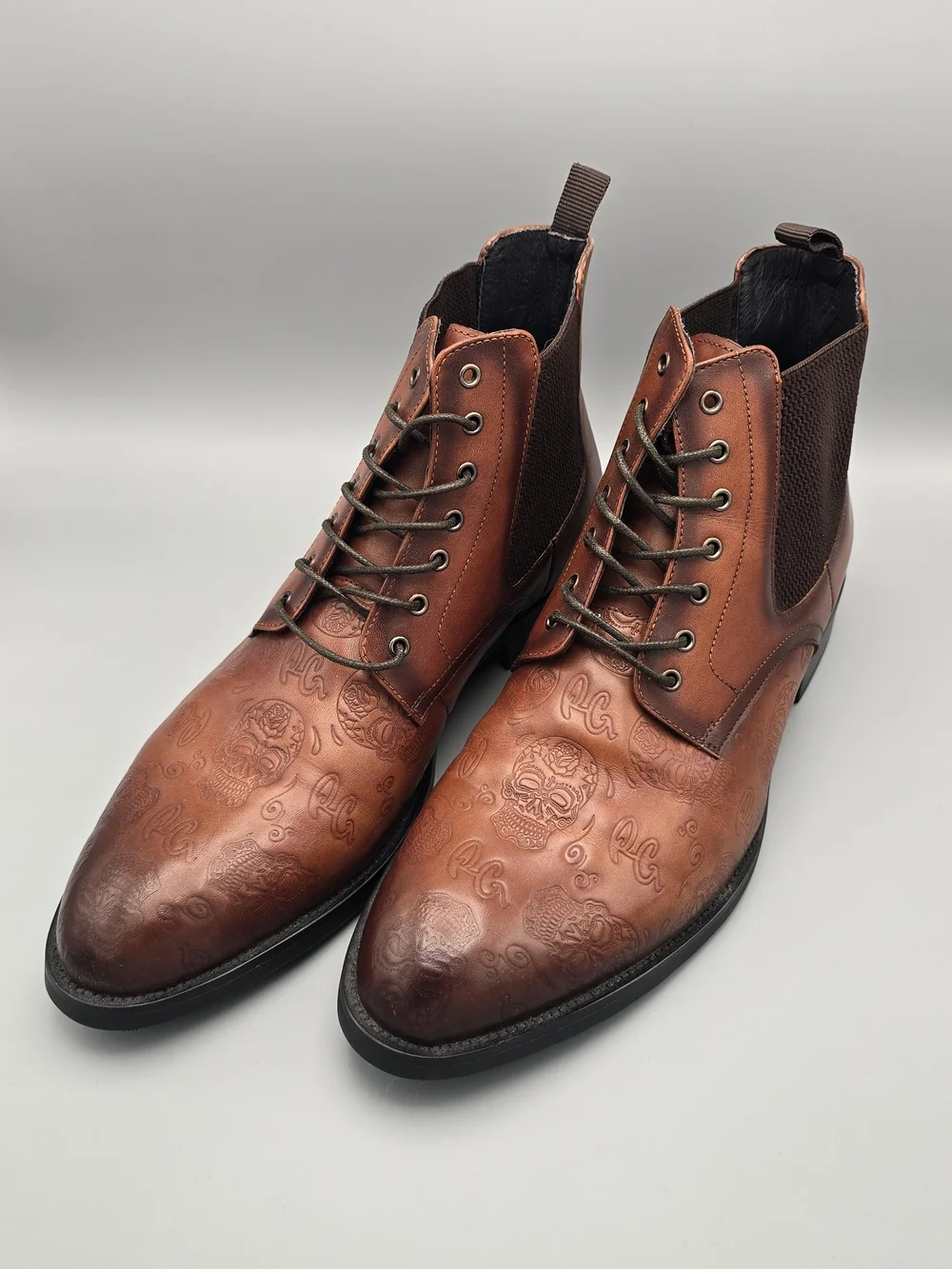 Men's Brown Leather Embossed Lace-Up Boots